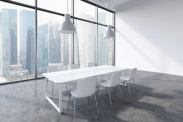 A conference room in a modern panoramic office with Singapore city view. White table, white chairs and two white ceiling lights. 3D rendering. — стокове фото