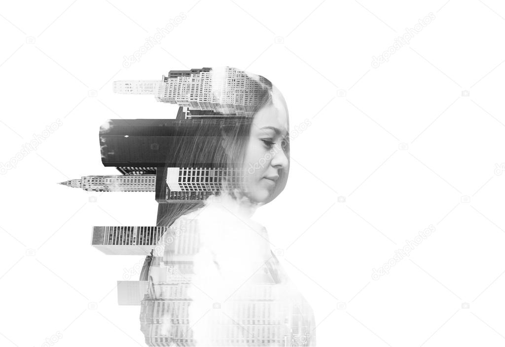 Abstract transparent beautiful woman with New York view on white background. Black and white image. A concept of success.