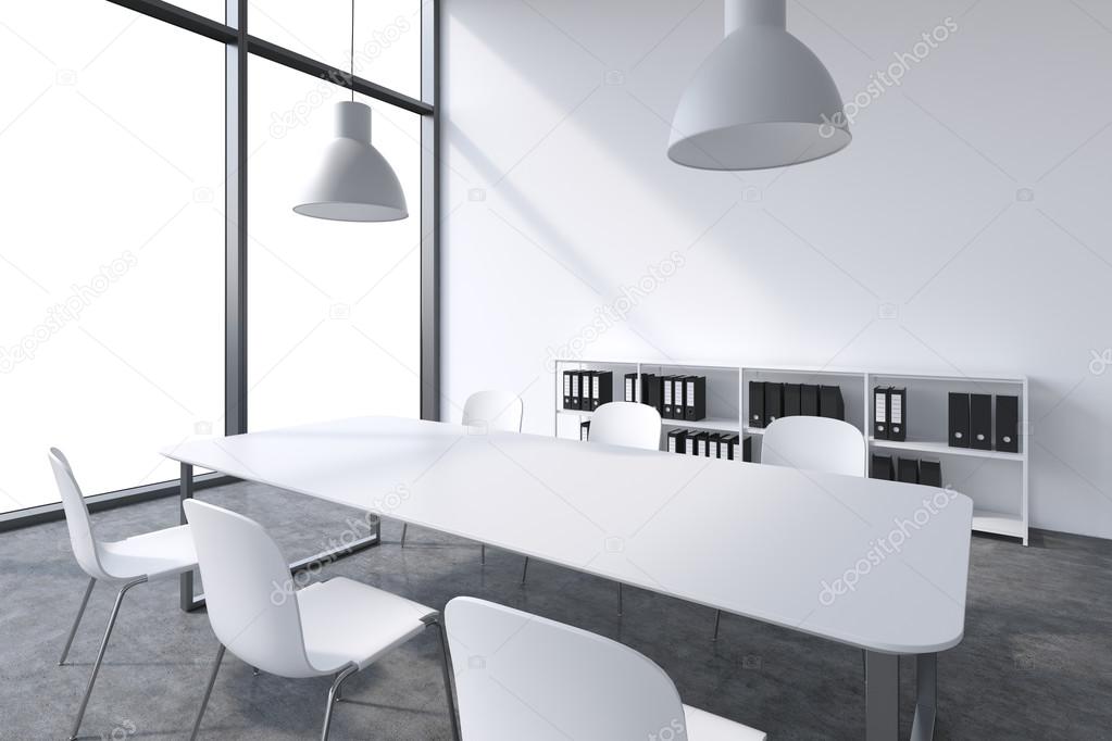 A conference room in a modern panoramic office with white copy space in the windows. White table, white chairs, a bookcase and two white ceiling lights. 3D rendering.