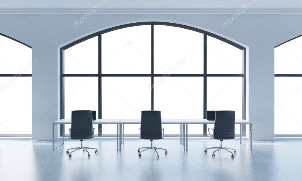 A conference room in a modern panoramic office with white copy space in windows. White table and black chairs. 3D rendering.