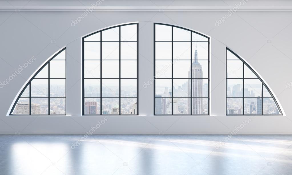 An empty modern bright and clean loft interior. New York city view. A concept of luxury open space for commercial or residential purposes. 3D rendering.