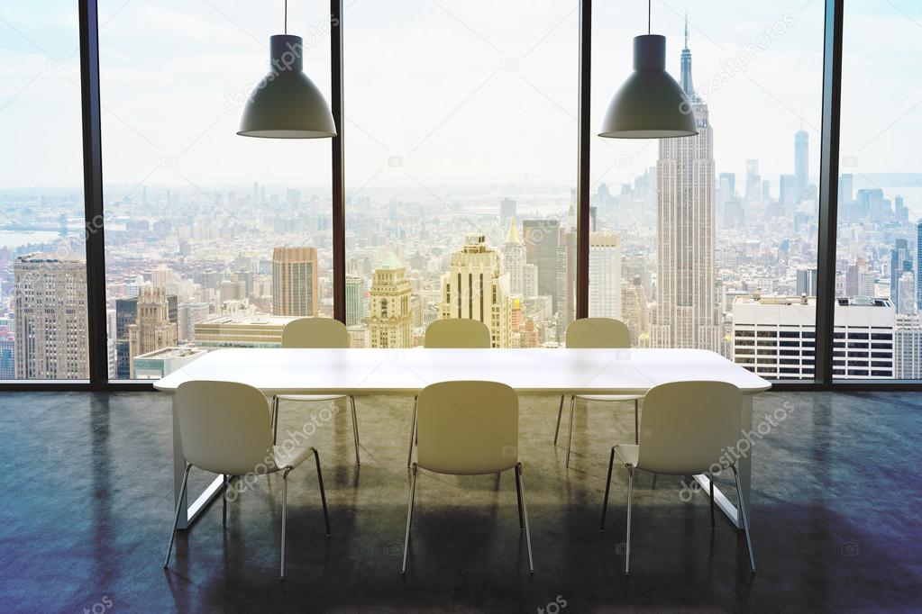 A conference room in a modern panoramic office with New York city view. White table, white chairs and two white ceiling lights. 3D rendering. Toned image.