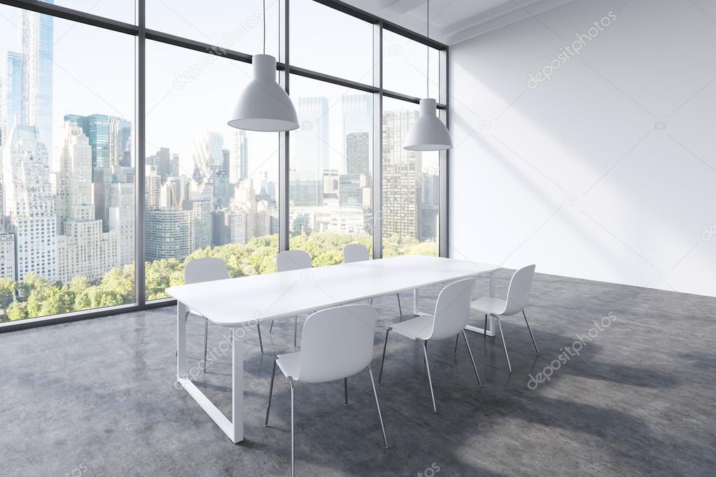 A conference room in a modern panoramic office with New York city view. White table, white chairs and two white ceiling lights. 3D rendering.