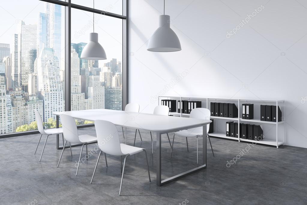 A conference room in a modern panoramic office with New York view. White table, white chairs, a bookcase and two white ceiling lights. 3D rendering.