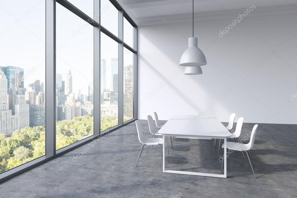 A conference room in a modern panoramic office with New York city view. White table, white chairs and two white ceiling lights. 3D rendering.