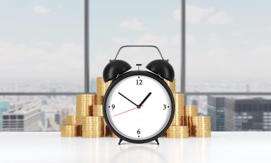 An alarm clock is on the foreground and golden coins which are on the background.Modern NY panoramic office on background. A concept of time management in working process. 3D rendering.
