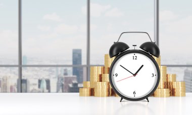 An alarm clock is on the foreground and golden coins which are on the background. Modern New York panoramic office on background. A concept of time management in working process. 3D rendering.