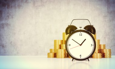 An alarm clock and golden coins are on the table in a room with concrete wall. A concept of time management or billing the services in consulting companies. 3D rendering. Toned image.