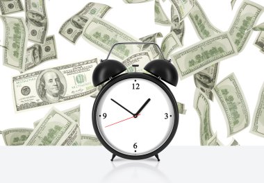 An alarm clock is on the table. Falling dollar notes on background. The concept of 'time is money' and a time management. clipart