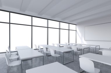 A modern panoramic classroom with white copy space in the windows. White tables and white chairs. 3D rendering.