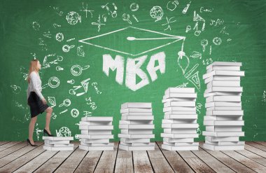 A woman is going up using a stairs which are made of white books to reach graduation hat. The written word MBA is drawn on the green chalkboard which symbolises a professional business education. clipart