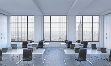 Workplaces in a bright modern open space loft office. White tables equipped with modern laptops and black chairs. New York panoramic view in the windows. 3D rendering. clipart