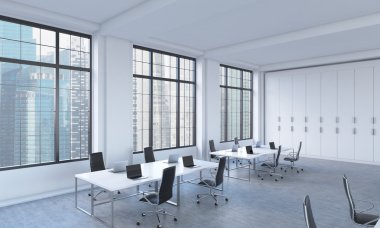 Workplaces in a bright modern open space loft office. White tables equipped with modern laptops and black chairs. Singapore panoramic view in the windows. 3D rendering.