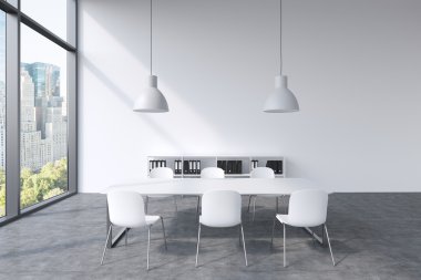 A conference room in a modern panoramic office in New York. White table, white chairs, two white ceiling lights and a bookcase. 3D rendering.