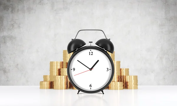 An alarm clock is on the foreground and golden coins which are on the background.A concrete wall. A concept of time management or billing services in legal or consulting company. 3D rendering. — Stock Fotó