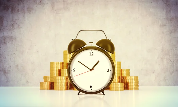 An alarm clock and golden coins are on the table in a room with concrete wall. A concept of time management or billing the services in consulting companies. 3D rendering. Toned image. — Stock Photo, Image