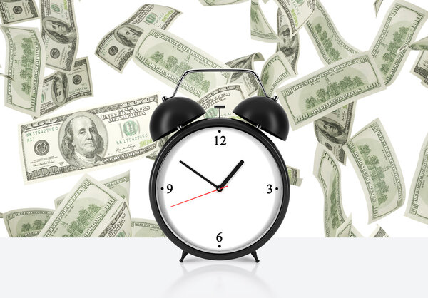 An alarm clock is on the table. Falling dollar notes on background. The concept of 'time is money' and a time management.