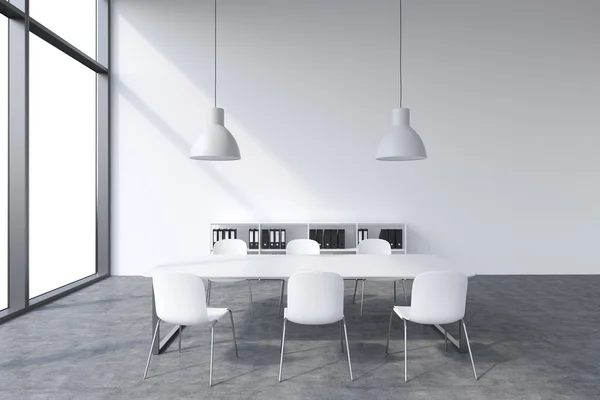 A conference room in a modern panoramic office with white copy space in windows. White table, white chairs, two white ceiling lights and a bookcase. 3D rendering. — Stock Photo, Image
