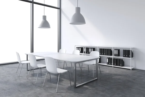 A conference room in a modern panoramic office with white copy space in windows. White table, white chairs, two white ceiling lights and a bookcase. 3D rendering. — Zdjęcie stockowe