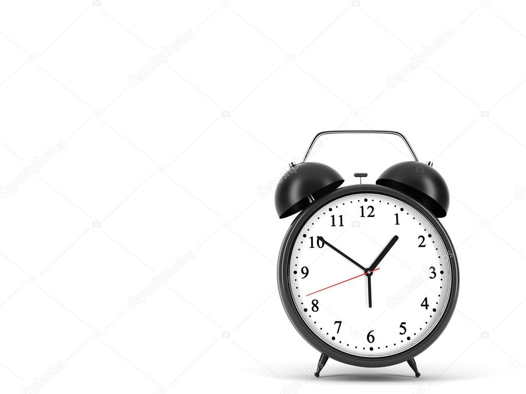 A black alarm clock is on white background with copy space.