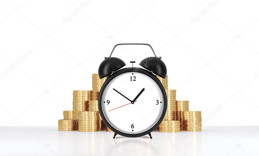 An alarm clock is on the foreground and golden coins which are on the background. A concept of time management or billing services in legal or consulting company. 3D rendering.