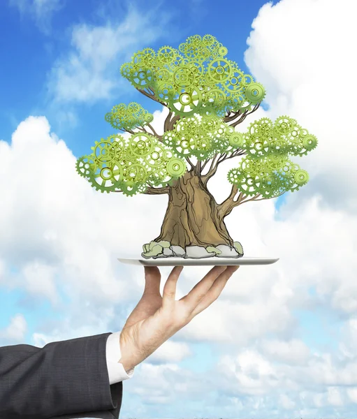 En hand i formell kostym rymmer en tablett med en skissade träd. Molnig himmel på bakgrund. Ett koncept av mogna företag. — Stockfoto