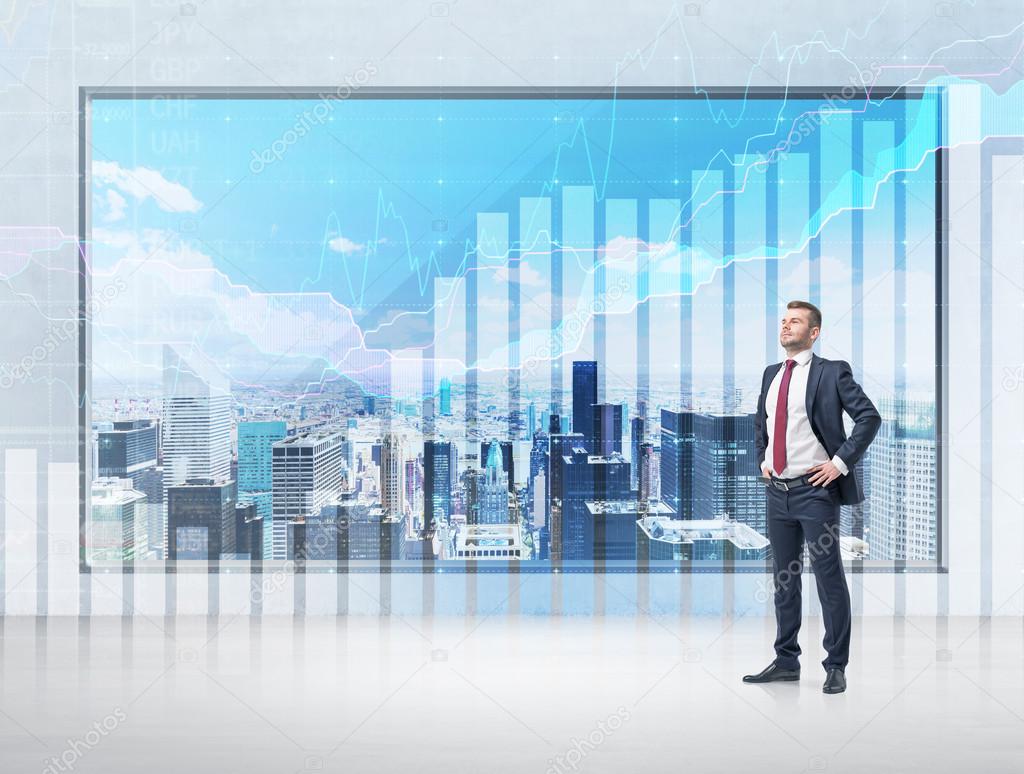 A confident businessman with his hands on the waist and a panoramic poster with New York panoramic view and forex charts.