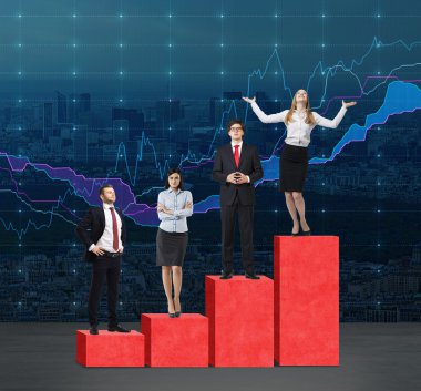 Stairs as a huge red bar chart. Business people are standing on each step as a concept of range of problems or levels of responsibility. Corporate ladder. Forex chart on the background. clipart