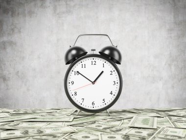 An alarm clock is settled on the surface which is covered by dollar notes. Concrete background. 3D rendering.