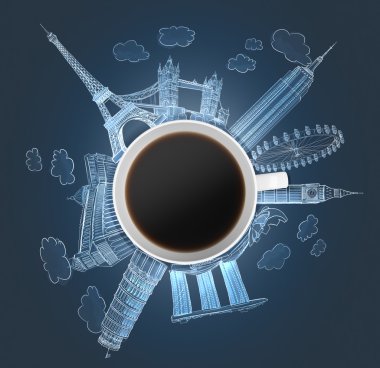 Top view of a coffee cup and the holograms of the most famous cities in the world. The concept of travelling. London, Singapore, Pisa, Paris. Dark blue background.