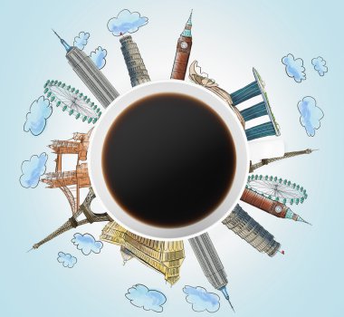 Top view of a coffee cup and drawn colourful sketches of the most famous cities in the world. The concept of travelling. London, Singapore, Pisa, Paris. Light blue background.