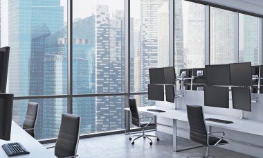 A modern trader's workplaces in a bright modern open space office. White tables equipped with modern trader's stations and black chairs. New York in the panoramic windows. 3D rendering.
