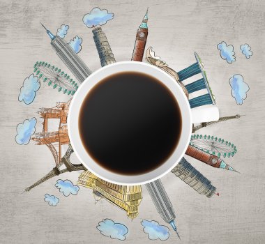 Top view of a coffee cup and drawn colourful sketches of the most famous cities in the world. The concept of travelling. London, Singapore, Pisa, Paris. Concrete background. 3D rendering.