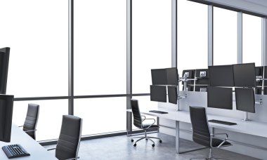 A modern trader's workplaces in a bright modern open space office. White tables equipped with modern trader's stations and black chairs. White copy space in the panoramic windows. 3D rendering.