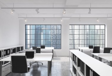 Workplaces in a bright modern loft open space office. Tables equipped with laptops; corporate documents' shelves. Singapore view in the panoramic windows. 3D rendering.