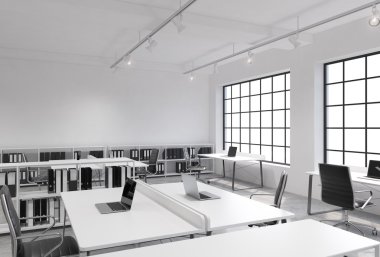 Workplaces in a bright modern loft open space office. Tables equipped with laptops; corporate documents' shelves. White copy space in the panoramic windows. 3D rendering.