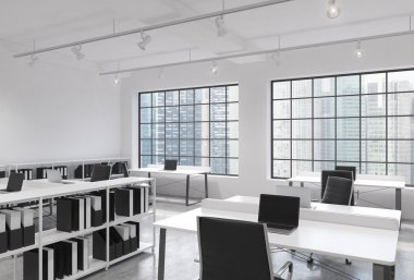 Workplaces in a bright modern loft open space office. Tables equipped with laptops; corporate documents' shelves. Singapore view in the panoramic windows. 3D rendering.