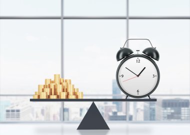 A balance between time and money. On the one side is money, on the other one is an alarm clock. The concept of time is money. An office with New York panoramic view. 3D rendering. clipart