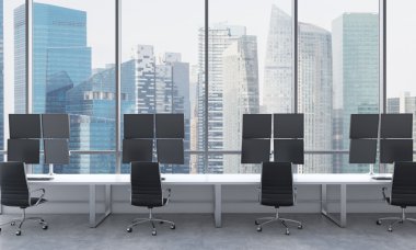 A modern trader's workplaces in a bright modern open space office. White tables equipped with modern trader's stations and black chairs. Singapore in the panoramic windows. 3D rendering.