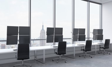 A modern trader's workplaces in a bright modern open space office. White tables equipped with modern trader's stations and black chairs. New York in the panoramic windows. 3D rendering.