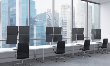 A modern trader's workplaces in a bright modern open space office. White tables equipped with modern trader's stations and black chairs. Singapore in the panoramic windows. 3D rendering.