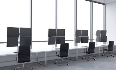 A modern trader's workplaces in a bright modern open space office. White tables equipped with modern trader's stations and black chairs. White copy space in the panoramic windows. 3D rendering.