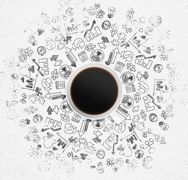 Vista superior de una taza de café y un montón de iconos de negocios y gráficos en la superficie blanca . — Foto de Stock