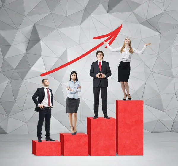 Stairs as a huge red bar chart are in the room with concrete floor and contemporary wall. Business people are standing on each step as a concept of corporate ladder. A red arrow is on the wall. — Φωτογραφία Αρχείου