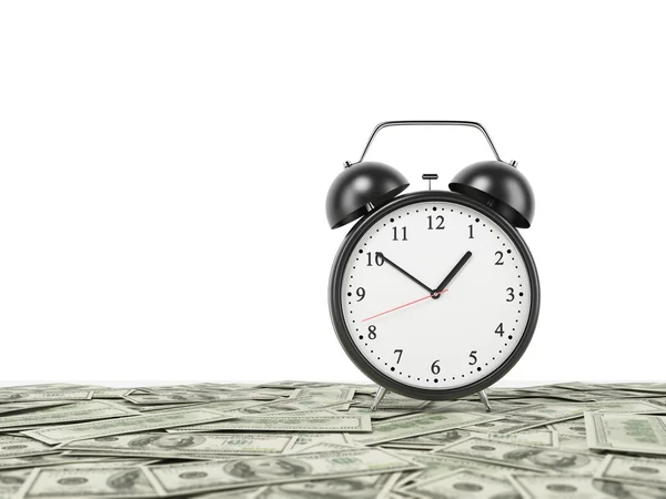 An alarm clock is settled on the surface which is covered by dollar notes. White background. 3D rendering. — Stockfoto