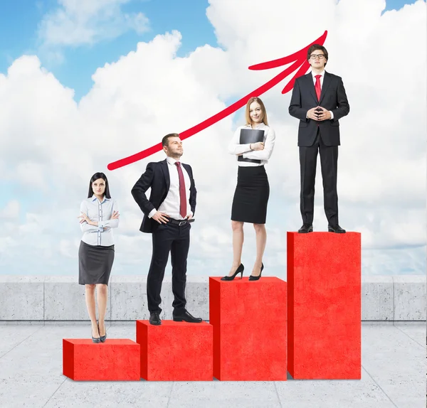 Stairs as a huge red bar chart are on the roof. Business people are standing on each step as a concept of corporate ladder. A growing red arrow is over cloudy sky. — Stockfoto