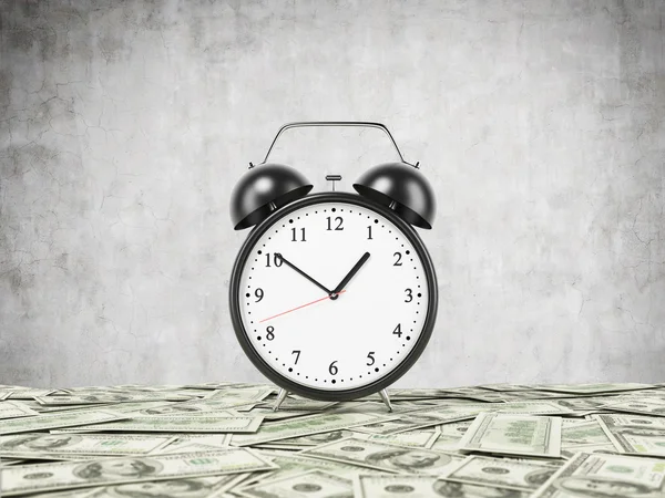 An alarm clock is settled on the surface which is covered by dollar notes. Concrete background. 3D rendering. — 图库照片