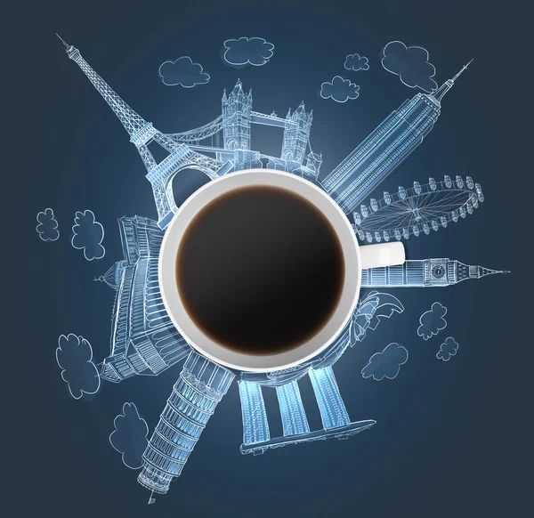 Top view of a coffee cup and the holograms of the most famous cities in the world. The concept of travelling. London, Singapore, Pisa, Paris. Dark blue background.