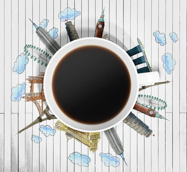 Top view of a coffee cup and the drawn colourful sketches of the most famous cities in the world. The concept of travelling. London, Singapore, Pisa, Paris. Wooden planks table as a background. — Φωτογραφία Αρχείου