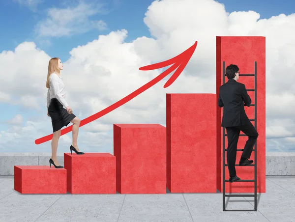 Stairs as a huge red bar chart are on the roof. A woman is going up to the stairs, while a man has discovered a shortcut hot to reach the highest point. A growing red arrow. — ストック写真